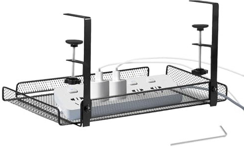Under Desk Cable Management Tray, No Drill Carbon Steel Desk Cable Organizers with Clamps, Desk Cable Tidy Tray, Sturdy Under Desk Wire Management for Office Home Cord Tidy Rack