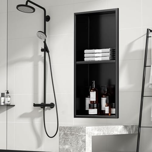 Baodiale nicho de Ducha Listo para baldosa, Organizador de Esquinas cuadradas nicho insertado en la Pared Empotrado, Moderno Estante de Almacenamiento de jabón para baño con Ducha, Negro