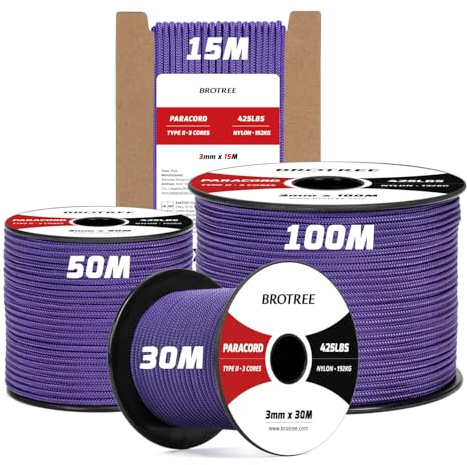 Brotree Paracord 3mm 15M 100% Nylon Seil Paracord 425 mit 3 Kern Schnur | Typ II, 192kg (425lbs) Bruchlast, Spule, Survival, Outdoor, Armband, Basteln