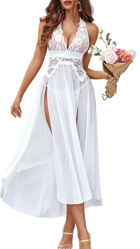 Avidlove Dam sexig negligé långt nattlinne nackhållare babydoll V-ringad underklänning curvy nattlinne spets mesh, Vit, L