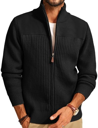 PJ PAUL JONES Cardigan décontracté à fermeture éclair intégrale pour homme avec col montant en tricot côtelé, Noir , M