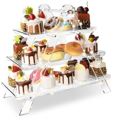 3 Tier Serving Tray with 2m Light String, Acrylic Three Tiered Serving Stand Collapsible Stand & Removable Tiered Serving Trays for Wedding Birthday Tea Party
