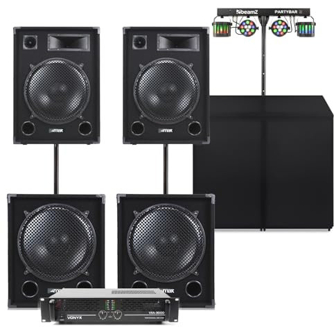 MAX 15 Passive DJ Speaker System with Subs, Amplifier, DJ Booth, Party Lighting & Cables – 3000W Complete PA Setup for Mobile DJs and Events