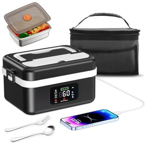 Electric Lunch Box, 1L Intelligent Heated Lunch Box for Adults with Touch Screen, Fast Heating Portable Food Warmer with Stainless Steel Tableware and Insulated Bag for Car Office Travel Picnic