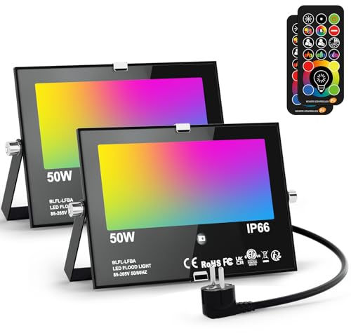 RGB LED Strahler Außen 50W Fluter Mit Fernbedienung, 120 Farben 5 Modi Farbwechsel Flutlicht LED Innen, 5000LM Kaltweiß IP66 Wasserdicht Außenstrahler für Garten, Hinterhof, Garage, Flur - 2er/Set