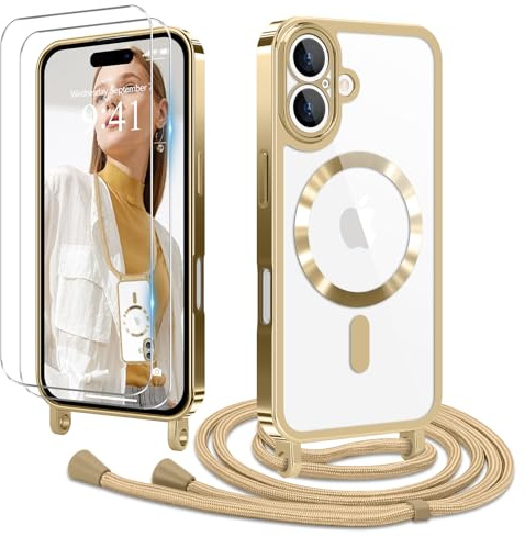 Ethanger für iPhone 17 Hülle mit Band + 2 Schutzfolie, Gold