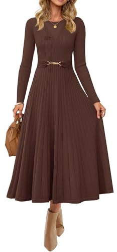 ZESICA Women's Long Sleeve Midi Sweater Dress 2026 Fall Crewneck Knit A Line Pleated Flowy Long Dresses with Belt,Coffee,Medium