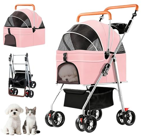 Simanli Husdjursvagn för små hundar katter vikbar resa bärbar valpvagn med avtagbar bärare, 4 hjul för resor, camping, promenad med förvaringsväska (rosa)