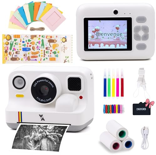 IYOSSEF Appareil Photo instantané Enfant avec Impression, Mini Appareil Photo Enfant imprimante Couleur, Appareil Photo Ticket de Caisse, Instant Print Camera avec kit déco Mural (Blanc)