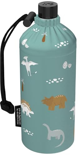 Emil Trinkflasche aus Glas für Mädchen & Jungen isolierte Glasflasche für Schule, Freizeit, Sport: Kinder & Eltern Dinos (Petrol, 0,4l)