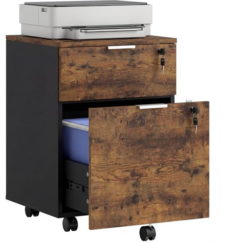 HOMCOM Mobile File Cabinet with Wheels and Lock, 2 Drawer Under Desk Office Cabinet, Adjustable A4 and Letter Hanging Bars, Black and Rustic Brown