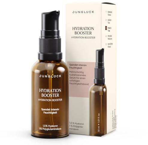 JUNGLÜCK Hydration Booster – Hochdosiertes Well Aging Hyaluron Serum | 5-fach Hyaluron-Komplex für intensive Hydration für ein pralleres, strafferes Hautgefühl, polstert Fältchen auf – Vegan