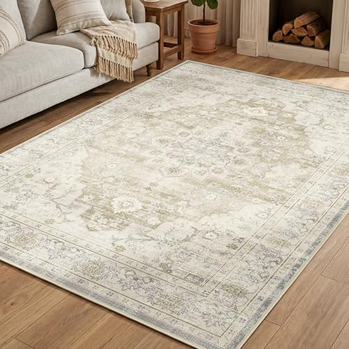 Autsel Vintage Teppich Wohnzimmer 160x230cm, Beige Teppich Schlafzimmer | Waschbarer Boho Teppich, Rutschfest Läufer Teppiche, Pflegeleicht Teppich Gegend für küche, Büro, Esszimmer, Flur