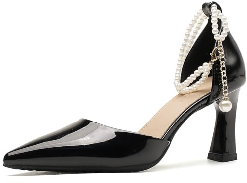 Décolleté in Vernice da Donna Lucida con Cinturino di Perle a Punta Tacco Largo per Ballo e Galà Scarpe Eleganti con Finitura Lucida,Nero,41 EU