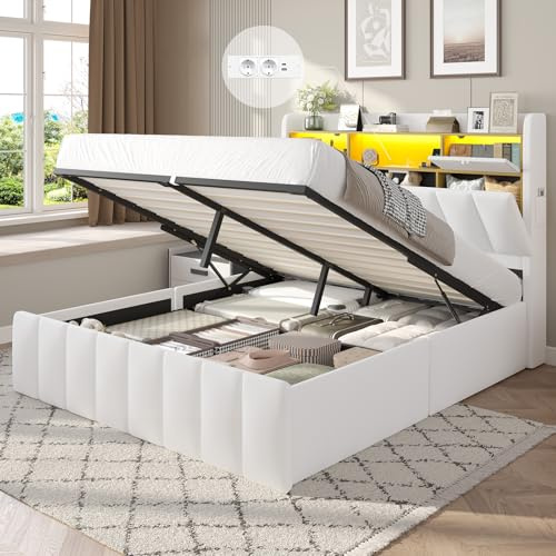 DICTAC Bett 160x200 mit LED Beleuchtung & Bettkasten – Boxspringbett 160x200 mit Stauraum und Lattenrost – Polsterbett 160x200cm mit integrierter Ladestation & mühelosem Anheben – weißes Leinen