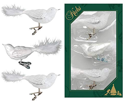 Dekohelden24 Lauschaer Christbaumschmuck - 3er Set Vögel auf Clip, weiß/Eislack, ca. 11 cm.