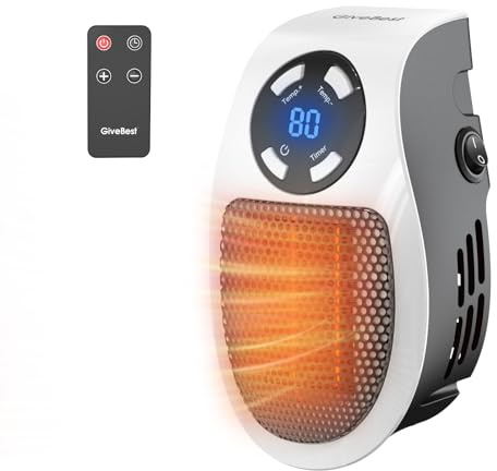 GiveBest Programmable Space Heater with LED Display, Remote Wall Outlet Electric Heater with Thermostat and Timer for Home Office Bathroom Indoor Use, Small Plug in 450 Watt Heater, ETL Listed