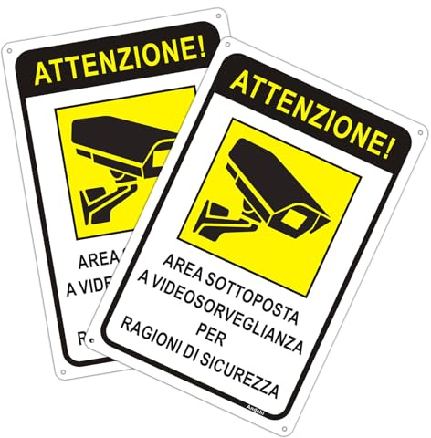 Andchi 2 pezzi Cartello area videosorvegliata - Telecamera videosorveglianza per negozio e proprietà privata, Targa metallica in alluminio, antiruggine, 10 x 15 cm