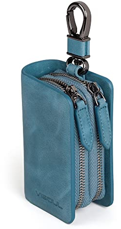 VISOUL Echt Leder Autoschlüssel Abdeckung Schlüsseltasche Auto Schlüssel Anhänger Antik Vintage Doppelter Reißverschluss Karabienerhacken Tasche (Blau)