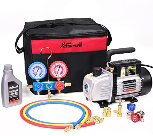 XtremepowerUS 3.5CFM 1/4HP HVAC Vacuum Pump R134a R12 R22 R410a A/C Refrigeration Set AC Manifold Gauge R134 Can Tap Carrying Tote