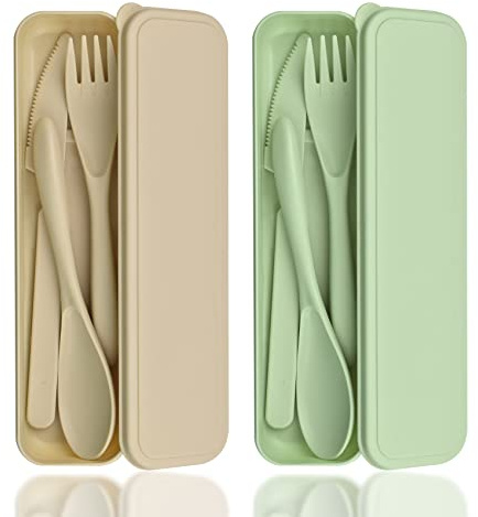 Besteck-Set mit Etui, 2 Reisebesteck Camping Besteck set, Tragbares Kunststoff-Besteck Utensilien-Set, Wiederverwendbares Kunststoff Besteckset Campingbesteck-Set für Picknick (Grün, Beige)