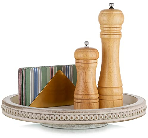 Hanobe Drehteller Holz Lazy Susan: Drehplatte Holztablett Rund Weiß Gewaschen Drehtablett mit Perlen Rand 30cm Vintage Weiss Dekotablett für Küche Organizer Home Deko