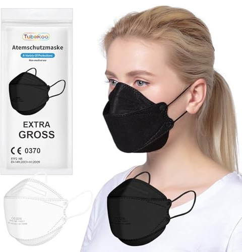 TubeRoo FFP2 Maske großer Kopf Schwarz Fischform 5 Stück Masken, CE zertifiziert Versand aus Deutschland weiche Ohrschlaufen Bänder Atemschutzmaske