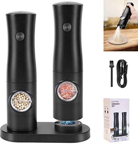 WADEO Juego de 2 Molinillo Eléctrico de Pimienta y Sal, con Base Recargable, Molinillo de Sal y Pimienta con Luz LED y Grosor Ajustable, Molinillo de Especias de Cerámica Recargable - Gran Regalo