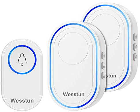Wesstun Wireless Doorbell 2 Receivers, IP67 Waterproof Door Chime Kit Operating at The Range of 300m, 2 Plug-in Door Bell Receivers with 39 Ringtones, LED Light & 5-Level Volume Control, White