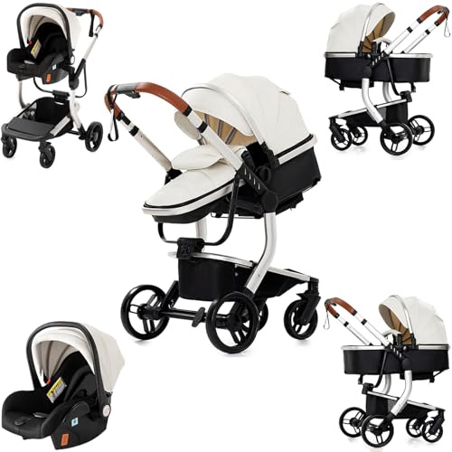Magic ZC PU-Leder Kinderwagen 3 in 1, Kinderwagen Set Umkehrbarem Doppelschiebemodus, Kombikinderwagen 3 in 1 Großer Bequemer Babywanne, Buggy Rahmen Aluminiumlegierung Faltbar (518 White)