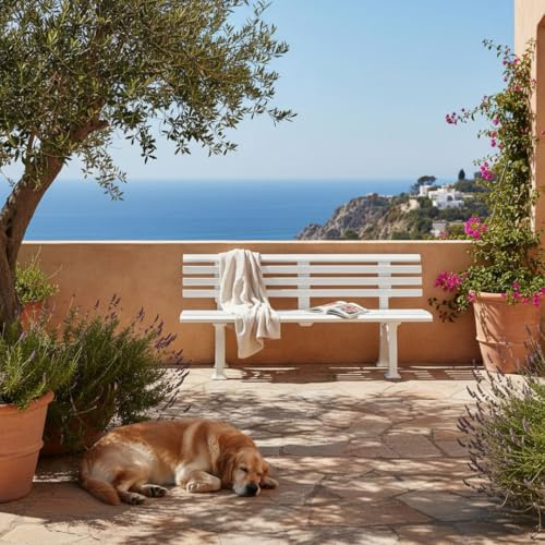PROREGAL Gartenbank Antigua | 3-Sitzer | Weiß | HxBxT 74x150x54cm | Witterungs- & UV-beständiger Kunststoff | Parkbank Sitzbank Außenbereich Garten Balkon Terrasse