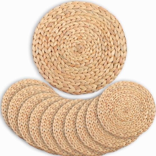 Round Placemats Set of 10, Table Mats Set of 10, Boho Placemats Set of 10, Farmhouse Placemats Set of 10, Chargers for Dinner Plates, Straw Placemats, Rattan Chargers for Dinner Plates, 13.4 in