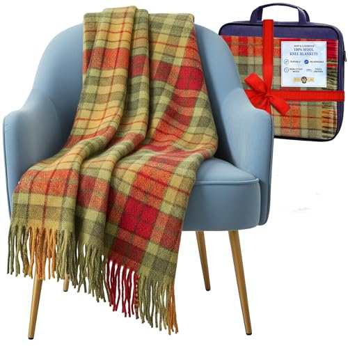 Luxurious Wool Knee blankets for elderly, Adults - 74x31 - Scottish tartans - Fringed edges, check Cosy sofa throws - Reading, Wheel chair, Travel - winter Blanket (Buchanan Autumn Tartan)