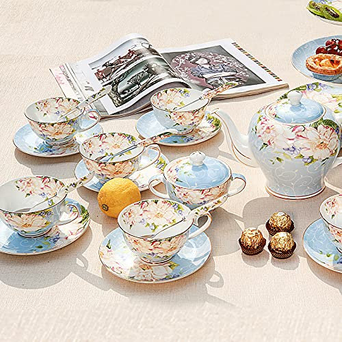 Set da tè in Porcellana - Set da tè per Donne e Adulti 15 Pezzi - Set da tè e piattini per 6 Persone con Panna e zuccheriera - Set da tè Inglesi Vintage con teiera, Rosa (Rosa) (Blu)