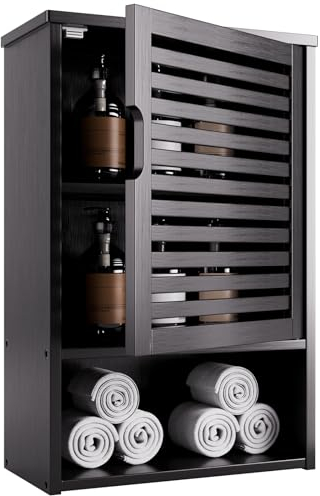 HITNET Badezimmer Hängeschrank Schwarz, Bambus Wandschrank, Medizinschrank Hängend mit Verstellbarem Einlegeboden über der Toilette für Wohnzimmer Schlafzimmer Küche