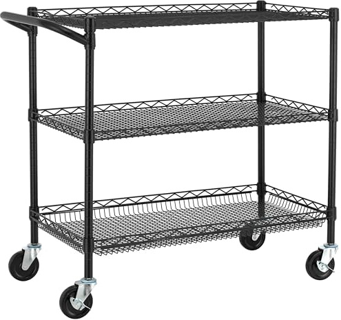 Finnhomy 3 Tier Heavy Duty Commercial Grade Utility Cart, Wire Rolling Cart with Handle Bar, Steel Service Cart with Wheels, Kitchen Carts on Wheels, Metal Cart Shelf Size 18 D x 36 W, NSF, Black