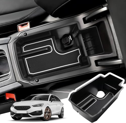 BIBIBO Mittelkonsole Aufbewahrungsbox für 2020-2024 Seat Leon MK4 / Cupra Leon/Cupra Formentor, Organizer mit Rutschfestermatte, Mittelarmlehne, Ablagefach, Auto Armlehnenablage Zubehör (Weiß)
