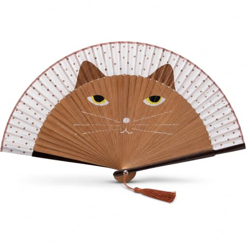 MAGICLULU Faltbarer Handfächer mit Katzenmotiv, Japanischer Seidenfächer Braun für Damen, Bambus Klappfächer für Sommer Abkühlung, Tragbarer Stofffächer Dekoration, Handtaschen Holzfächer Ohne Ständer