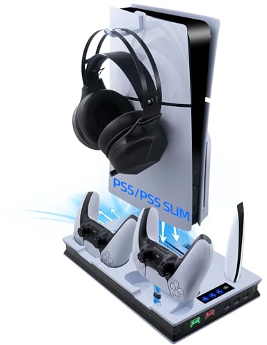 Tolesum PS5/PS5 Pro/PS5 Slim Standfuß mit 3 Stufen Lüfter, Ladeständer für Dual Controller mit 3 USB Hubs, Multifunktionale LED Ladestation mit Magnet für PS5/PS5 Pro/PS5 Slim UHD/Digital Edition