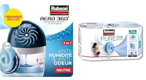 Rubson AERO 360° Absorbeur d'humidité pour pièce de 20 m², déshumidificateur d'air efficace & Recharges Pure Tab pour absorbeur d'humidité AERO 360° (4 x 450 g)