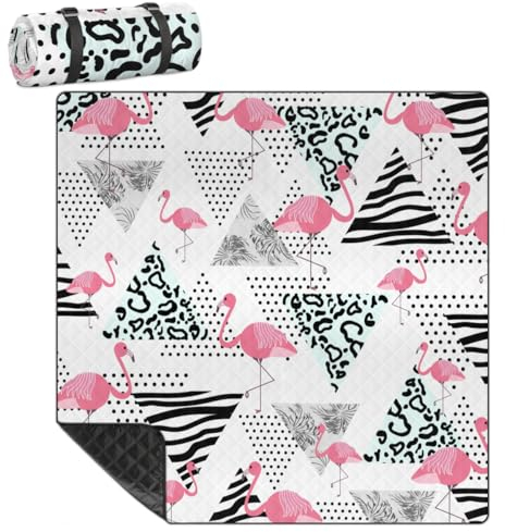 Mularoka Geometrische Flamingo-Picknickdecke, wasserdicht, sanddicht, faltbar, Stranddecke, 200,7 x 200,7 cm, extra groß, tragbar, waschbar, Outdoor-Matte für Camping, Park, Gras, Wandern, Reisen