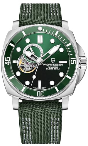 Pagani Design Reloj Automático de los Hombres Tourbillon Esqueleto Moda Relojes de Pulsera analógicos NH39 Movimiento 200M Impermeable Correa de Nylon Luminosa, Piel Verde