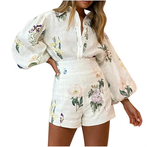 Womens 2 Piece Outfits Long Sleeved Tops High Waist Shorts Linen Set Lounge Wear Sets Floral Printed Casual Style Shirt Set Sportswear Co Ords Sets Activewear Ladies Tracksuit Streetwear Sweatsuit