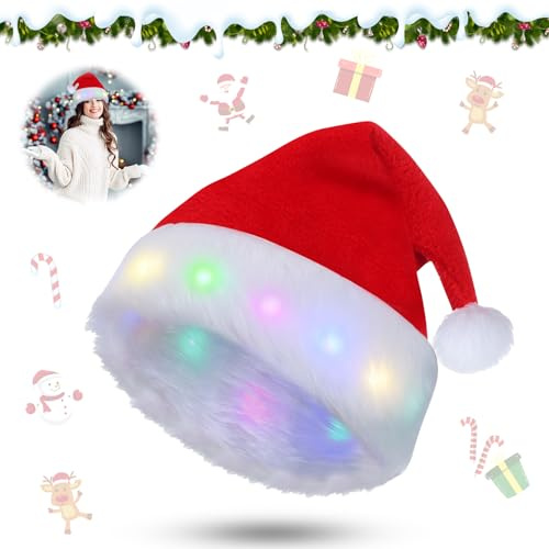 Booaee Weihnachtsmütze,LED Weihnachtsmützen Erwachsene,Nikolausmütze Plüsche Mütze mit LED Licht Weihnachtsmann Mütze, Leuchtender LED Hut Christmas Hat Einheitsgröße für Erwachsene,Kinder,Weihnachten