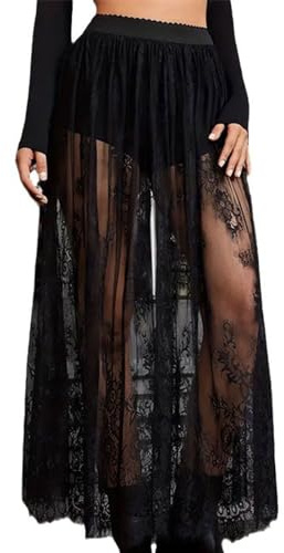 SOUTHJIELING Jupe longue 2 en 1 en dentelle transparente - Taille haute - Jupe trapèze - Festival - Raves - Tenue de club