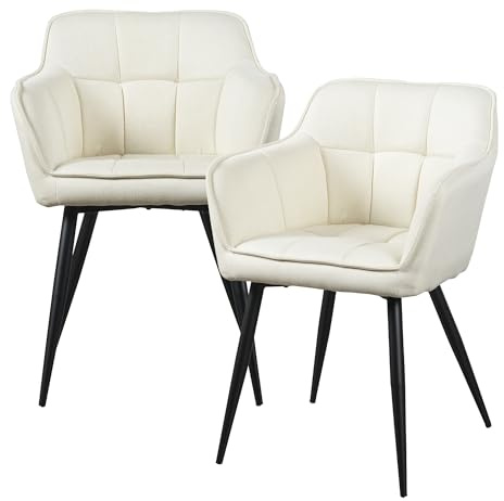 [en.casa] Lot de 2 Chaises de Salle à Manger avec Accoudoirs Ensemble de 2 Fauteuils Confortables Capacité 180 kg Tissu Polyester Acier Laqué 81 x 57 x 53 cm Beige Noir