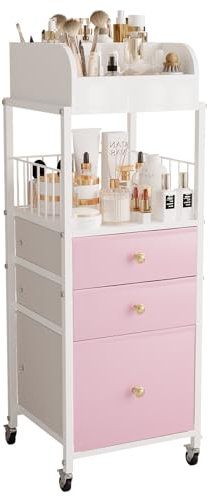 Makeup Organizer Cart with Drawers, Make up Organizers for Vanity, Floor Skincare Organizers- for Cosmetics, Nail Polish, Art Supply, Bathroom Vanity Desktop Organizer (White)