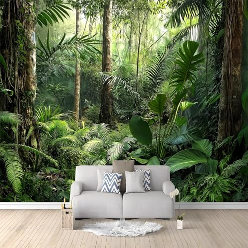 Papier Peint Panoramique 400 x 280 cm, Forêt Tropicale Moderne, Décoration Murale pour Grand Salon et Espace Ouvert, Vert
