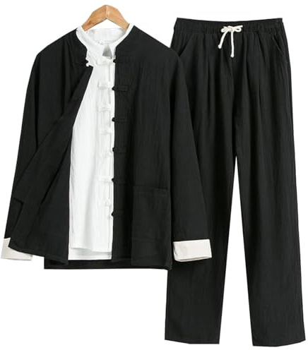 DAYKET Uniforme Tai Chi per Uomo, Set da 3 Pezzi,Tuta in Cotone e Lino per Arti Marziali, Abbigliamento Tradizionale Cinese per Kung Fu, Giacca a Maniche Lunghe, Camicia e Pantaloni,Black-M
