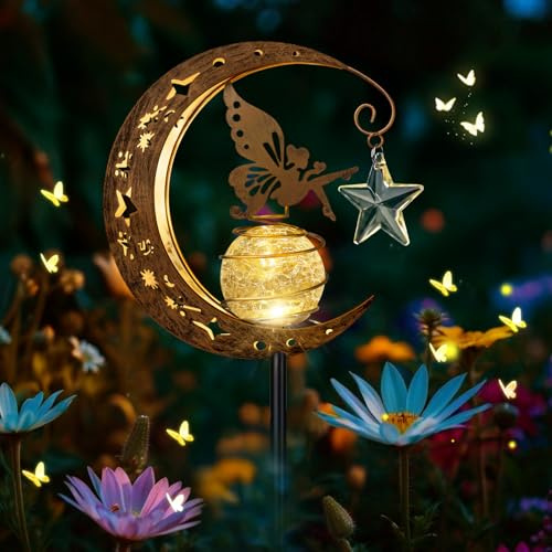 Lampada Solare per Esterni, Impermeabile Luci Solari da Giardino Decorative, con Sfera di Vetro a LED, Fata della Luna Lampada Solare da Esterno per Balcone, Vialetto, Prato, Cortile, Patio